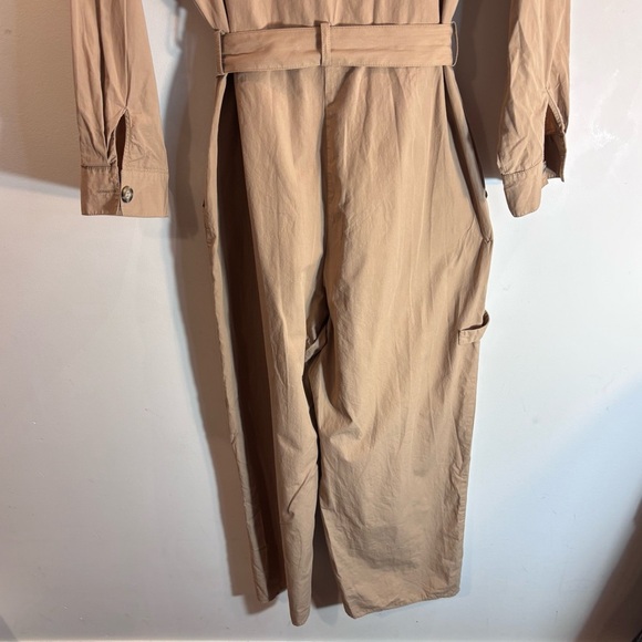 ZARA Sz L Boiler Suit Tan Belted Jumpsuit long Sleeve Patch Pockets Loose Leg - Picture 9 of 10